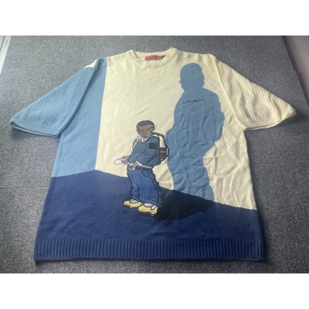 Men's RP55 Jeans Co Cream/Blue Crewneck Sweater Hip-Hop Design 3XL XXXL